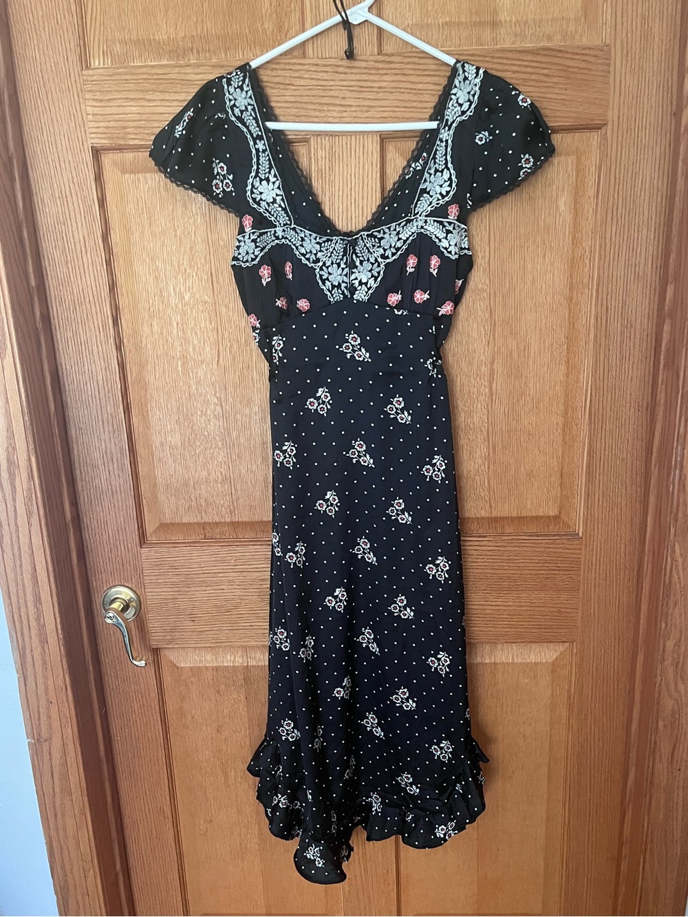 Free people Haven Black Floral V-Neck Midi Dress with Ruffle Hem